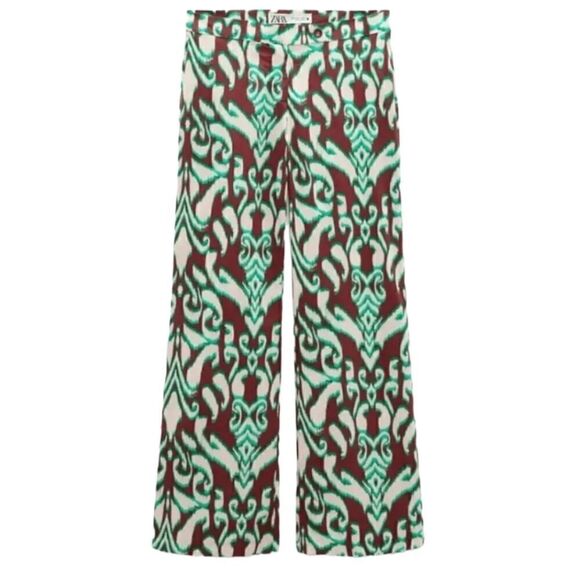 Zara Brown Green Cream Print Pant Set Sz Xsmall 100% Cotton NWT - Picture 2 of 10